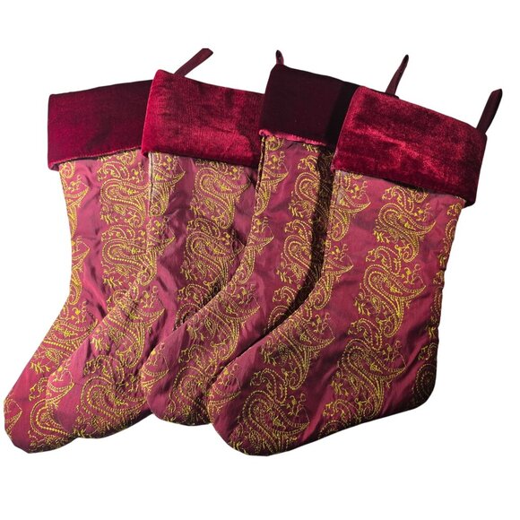 Set Of 4 stockings red Gold embroidered Christmas Velvet Cuffs Paisley Design - Picture 1 of 11